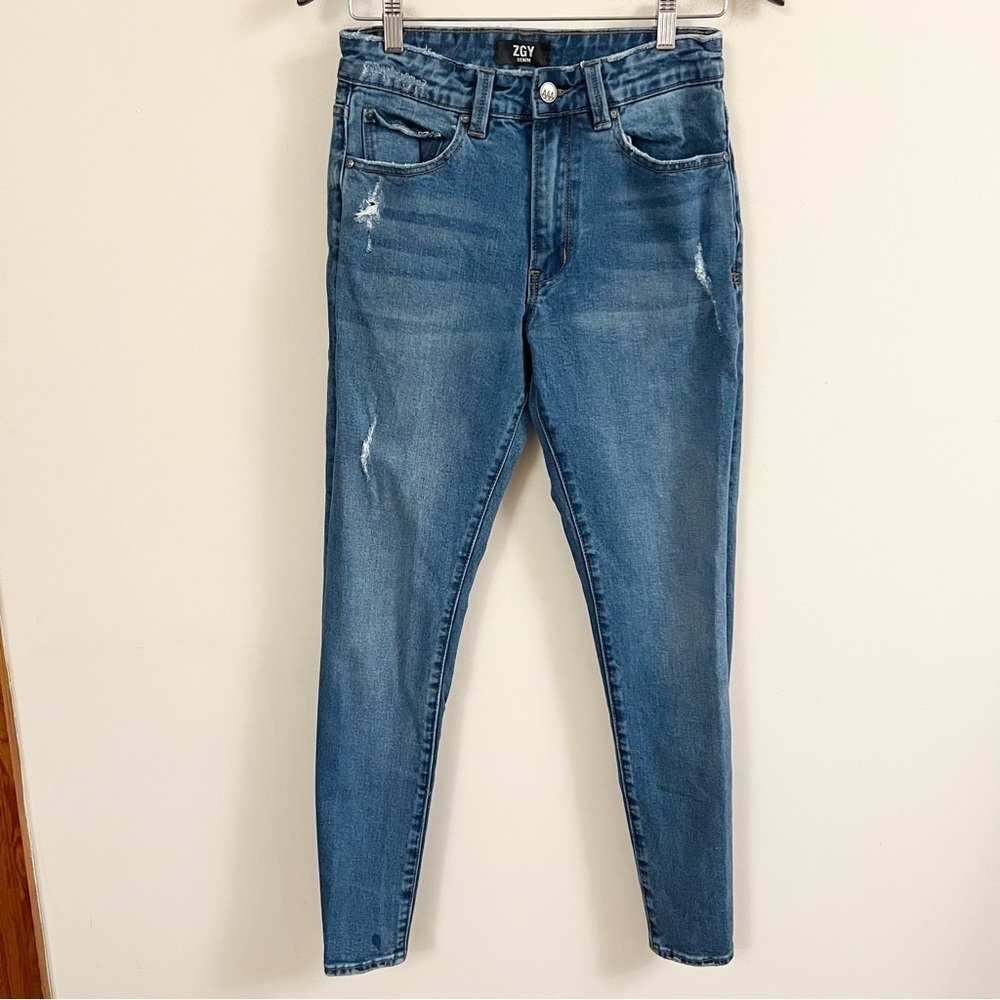 ZGY Distressed Whatever Relaxed Skinny Jeans Medium Blue Five Pocket Denim Sz 30